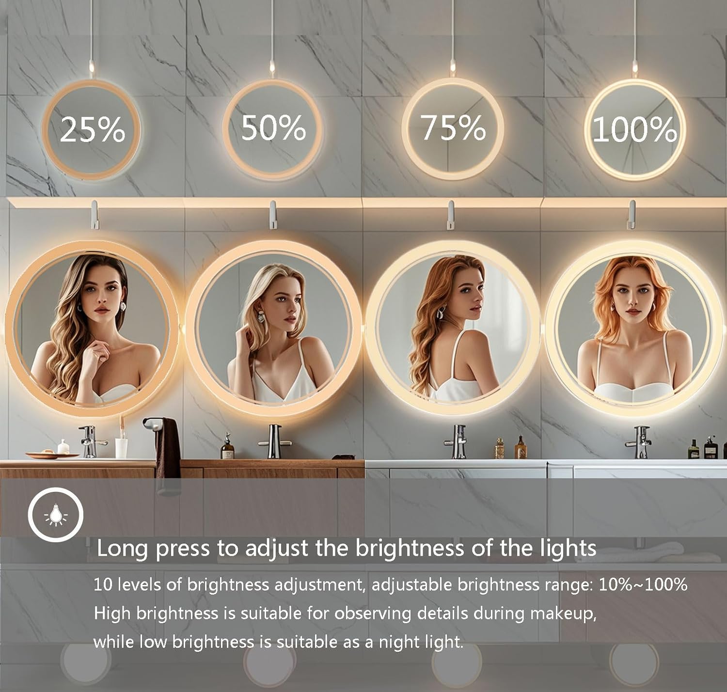 24 Inch Wall-Mounted Round Bathroom Mirror with LED-Lights - Vanity Mirrors (24" x 24",Frameless)