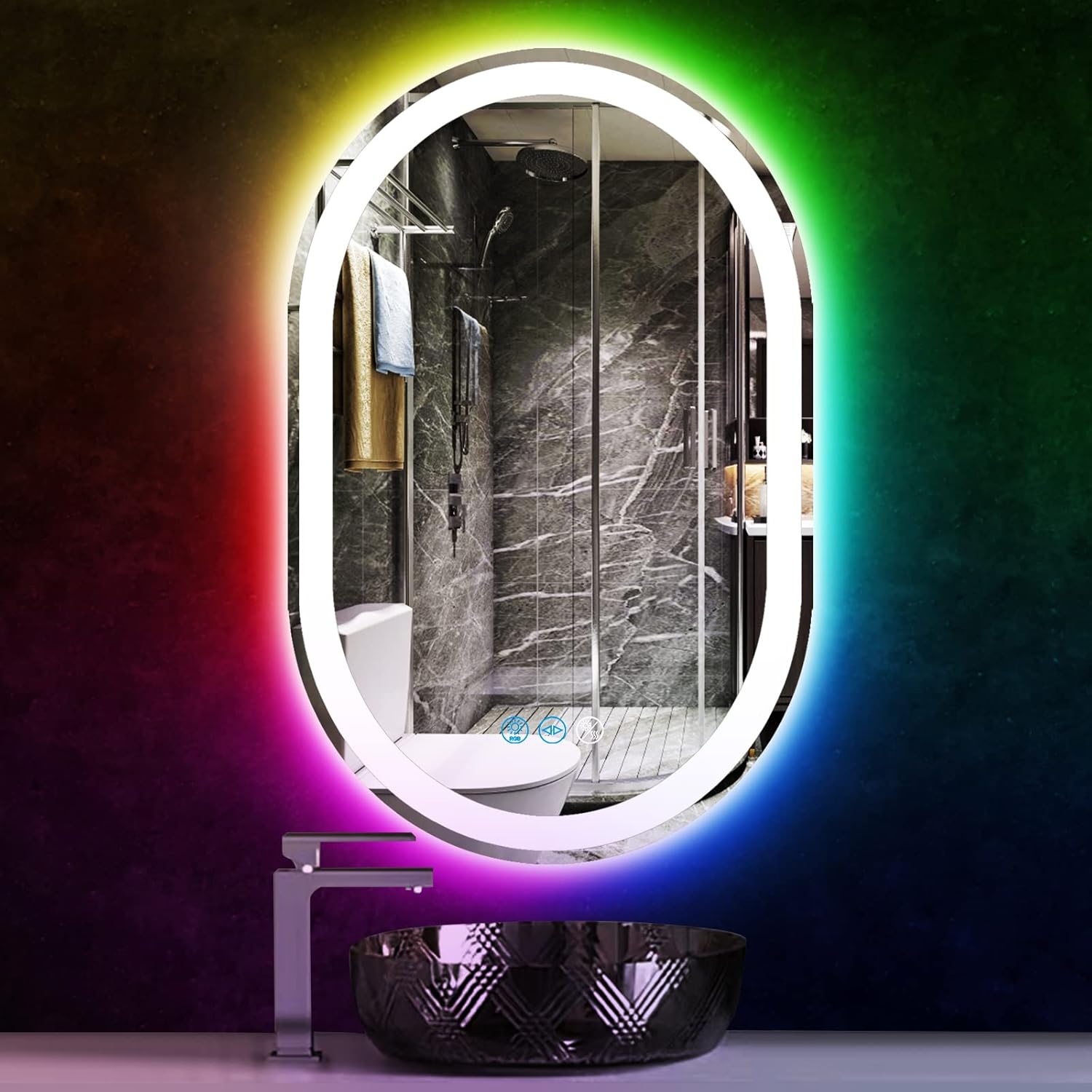 THEKLA 16 x 24 Inch Oval LED Vanity Mirror with Lights Smart Dimmable 3 Color+ Rainbow RGB Color Changing Backlit 24" Oval Lighted Mirror for Bathroom Wall Horizontal/Vertical Mount Anti-Fog