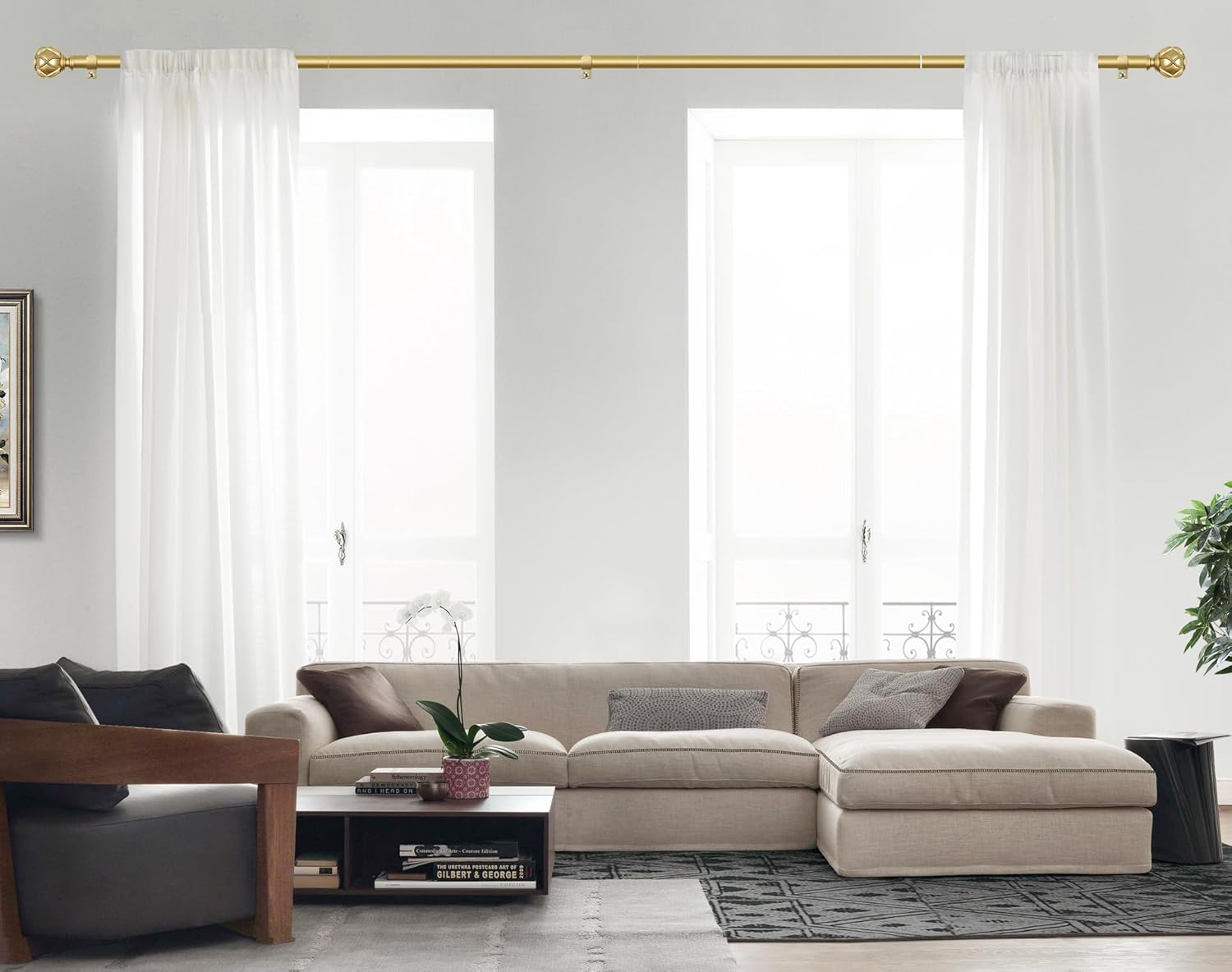 KAMANINA Curtain Rods for Windows 66 to 120 Inch, 7/8 Inch Gold Heavy Duty Curtain Rod 32 to 120 (2.6-10ft), Adjustable Decorative Drapery Rods with Netted Texture End