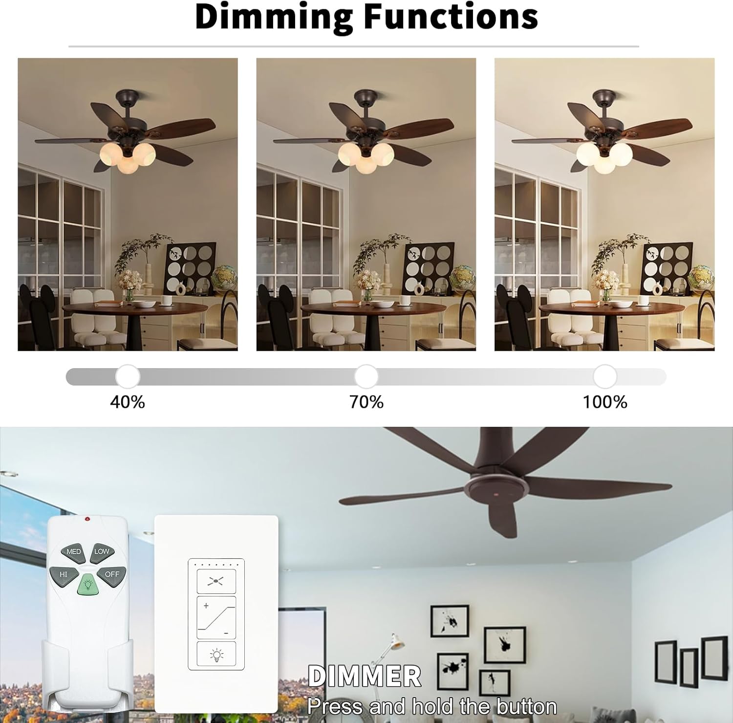 Ceiling Fan Remote Control Kit, Universal Ceiling Fan Remote Control Kit and Dimmer Light Switch Combo, Ceiling Fan Wall Switch UC9050T, Compatible with Hunter Hampton Bay