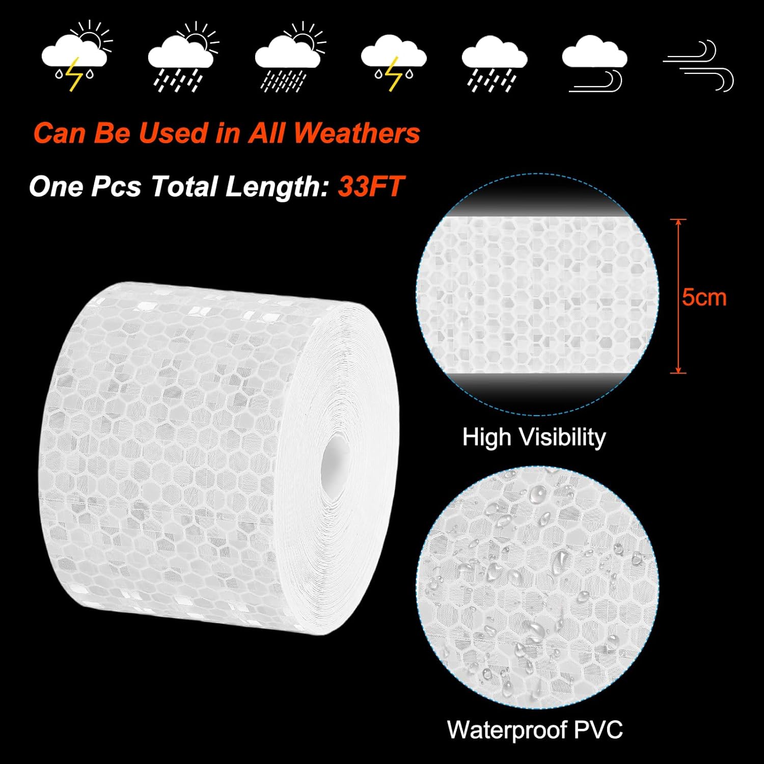 PATIKIL 2 Inch x 33 ft Reflective Tape, 1 Roll Waterproof Self Adhesive High Visibility Caution Warning Safety Tape Reflector with Scraper for Trucks Trailers Cars, White