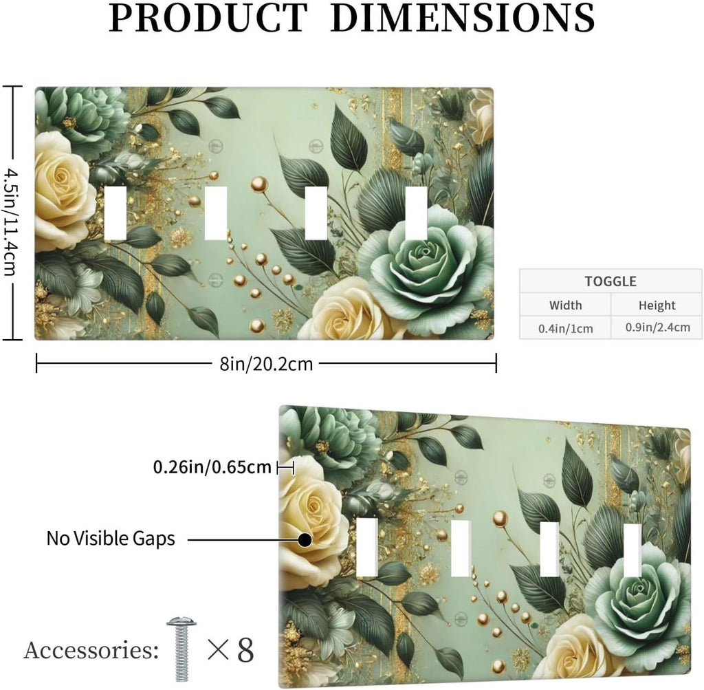 Decorative Light Switch Cover Plate Rustic Green Floral Leaves Teal Flowers Gold Stripe 4 Gang Wall Plate Oversized Quad Toggle Switch Cover Plate Jumbo Faceplate