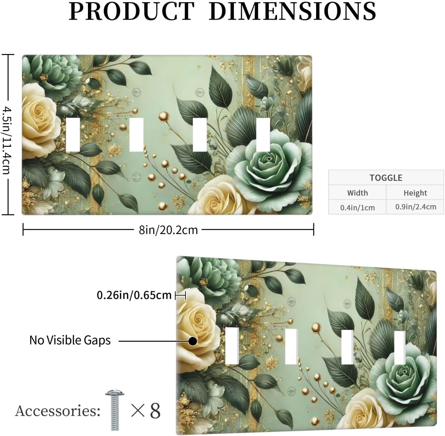 Decorative Light Switch Cover Plate Rustic Green Floral Leaves Teal Flowers Gold Stripe 4 Gang Wall Plate Oversized Quad Toggle Switch Cover Plate Jumbo Faceplate