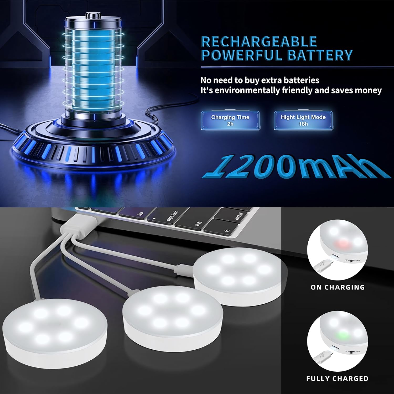 Puck Lights with Remote Control, Under Cabinet Lighting with Magnetic and Cordless, 1200mAh Rechargeable Closet Lights Stick On Lights for Under Cabinet,Hallway, Stairway,Closet (Cool White,9pcs)
