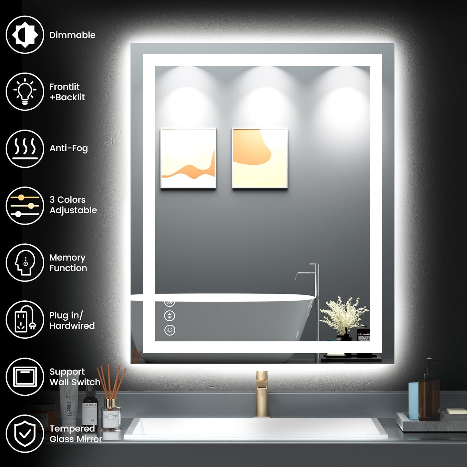 30X36 LED Bathroom Mirror with Lights, Anti-Fog, Backlit + Front Lit, Lighted Bathroom Vanity Mirror for Wall, Memory Function, Dimmable, Tempered Glass, Shatter-Proof