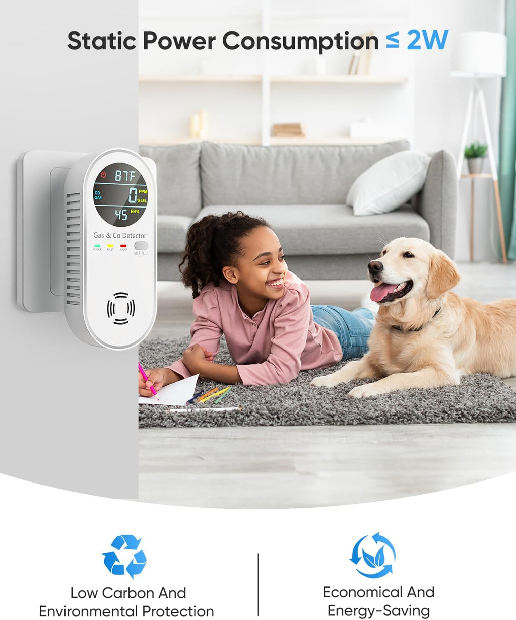 Carbon Monoxide Detectors & Natural Gas Detector, 4-in-1 Carbon Monoxide Detectors Plug in, Gas Leak Detector with Dual Alarms, Temperature & Humidity Sensor for Home, RV Essentials, White, 2 Pack
