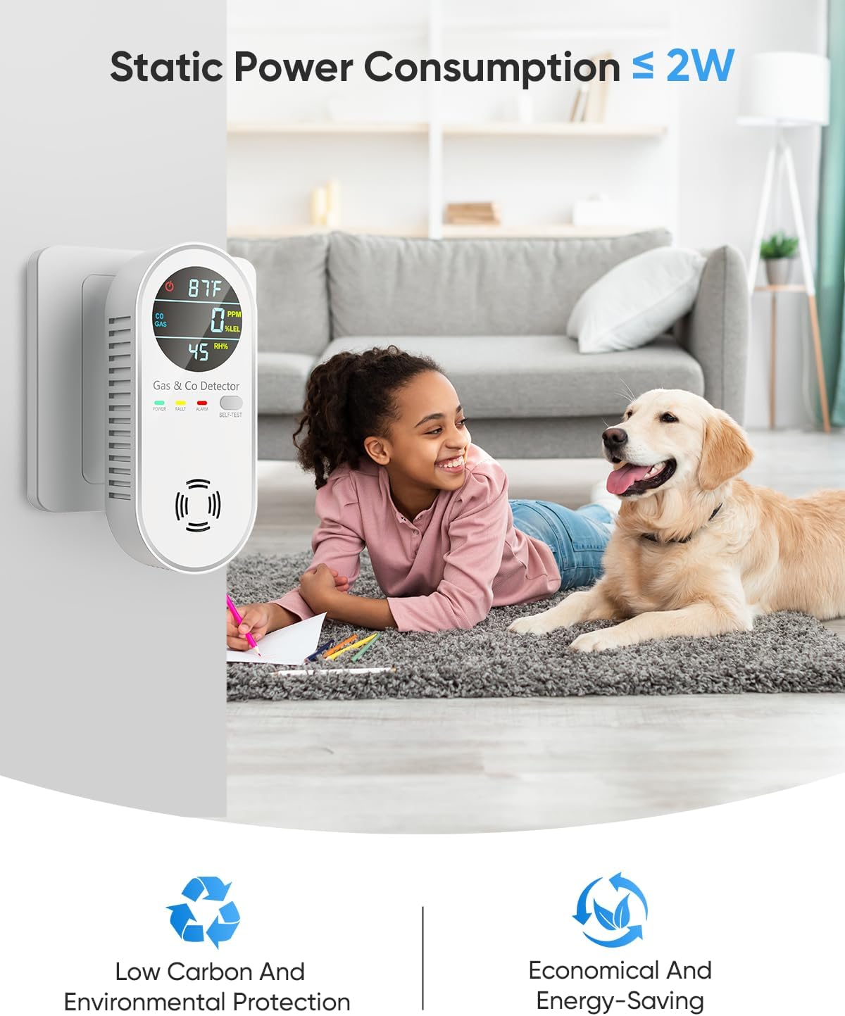 Carbon Monoxide Detectors & Natural Gas Detector, 4-in-1 Carbon Monoxide Detectors Plug in, Gas Leak Detector with Dual Alarms, Temperature & Humidity Sensor for Home, RV Essentials, White, 2 Pack