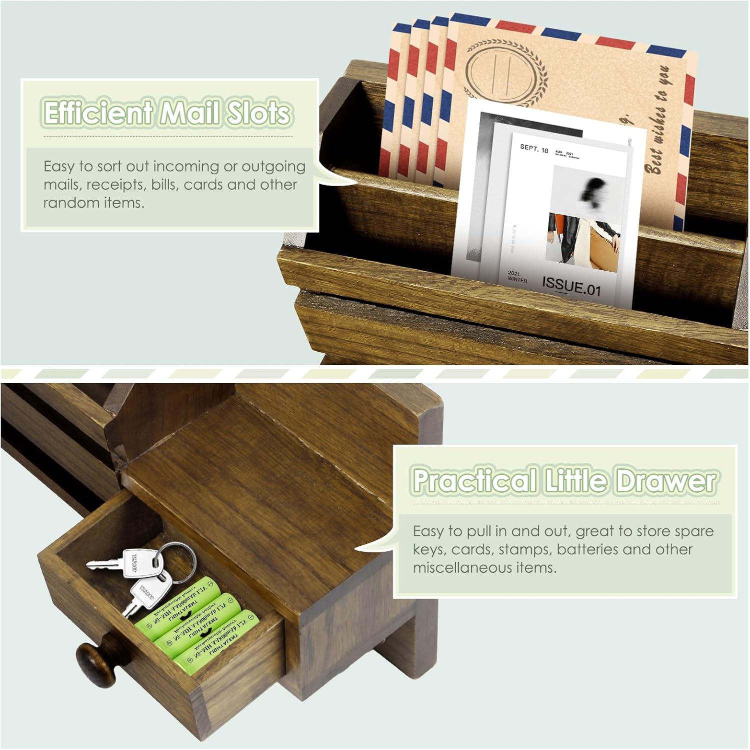 VIS'V Key Holder Wall Mount, Wooden Mail and Key Organizer with Drawer and Shelf, 2 Slots, 6 Hooks, Brown