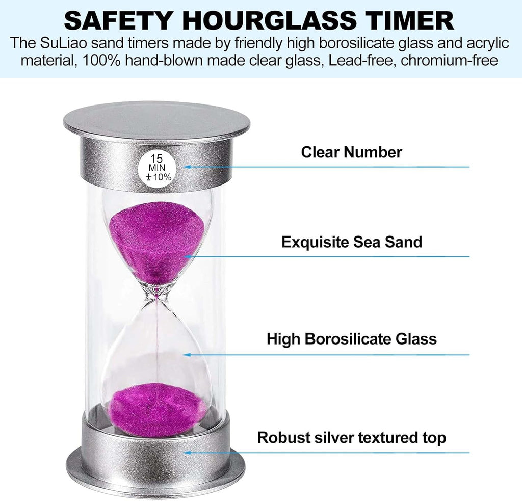 SuLiao Sand Timer, 15 Min Hourglass, Large Purple Sand Clock, Unbreakable Plastic for Kids, Games, Classroom, Kitchen, Decoration