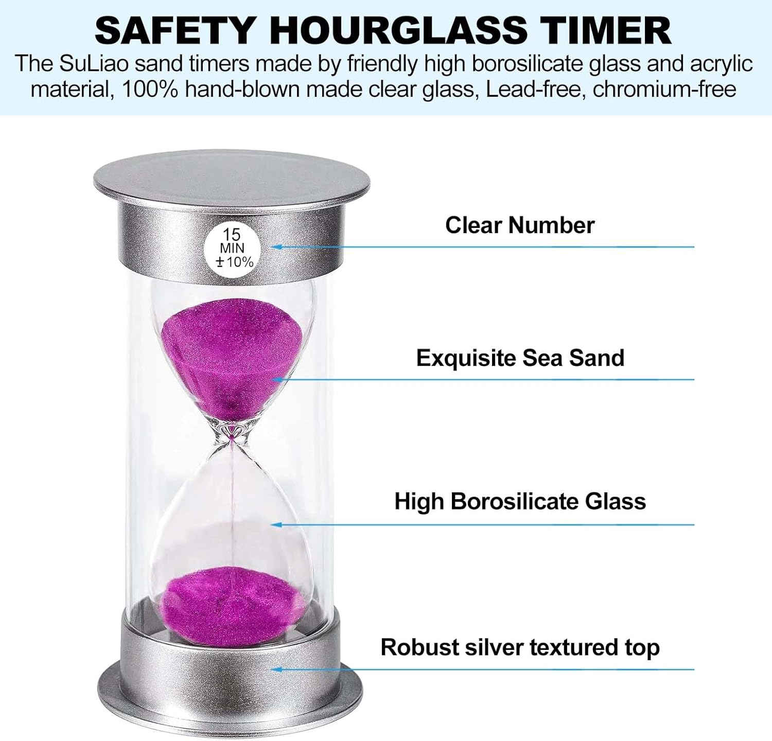 SuLiao Sand Timer, 15 Min Hourglass, Large Purple Sand Clock, Unbreakable Plastic for Kids, Games, Classroom, Kitchen, Decoration