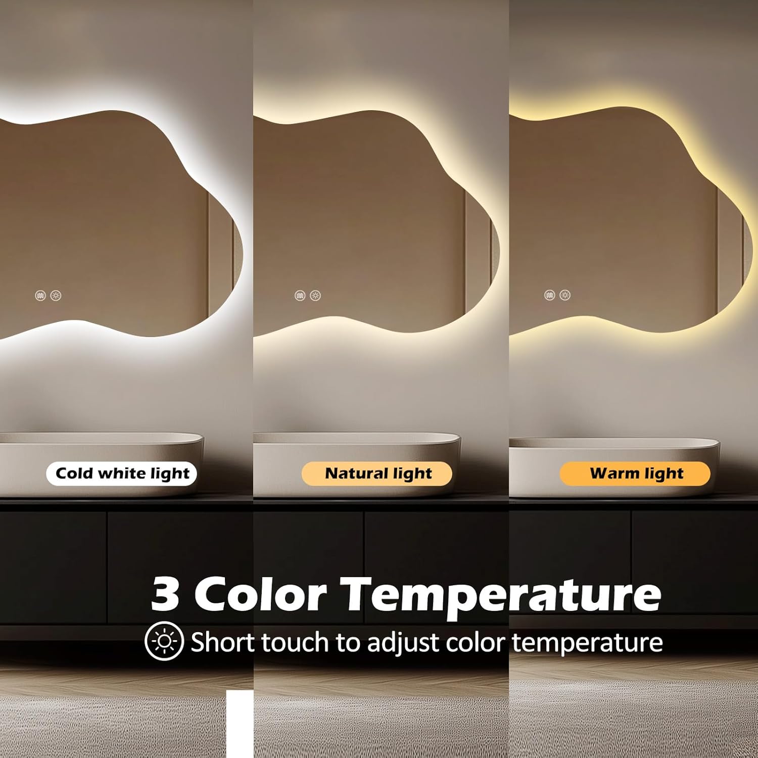 LED Bathroom Mirror with Lights 24x40, Stepless Dimmable Irregular Backlit Mirror with 3 Colors, Anti-Fog, Memory, Al-Alloy Lampshade, Frameless Smart Mirror for Bathroom (Horizontal/Vertical)