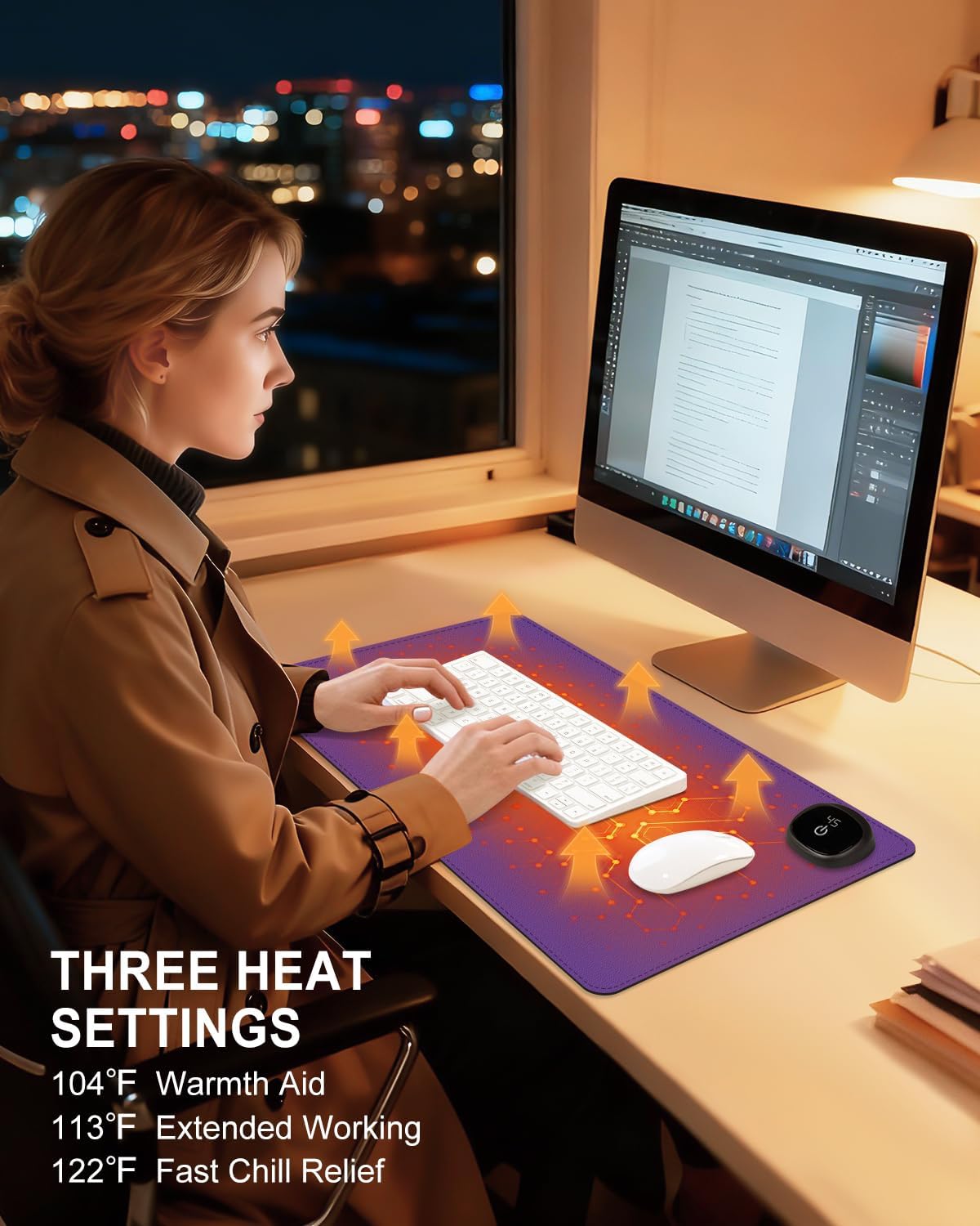 Heated Desk Pad, 23.6" x 14.2" Leather Non-Slip Warm Desk Pad, Large Mouse Mat with 3 Levels Heating & 3 Hours Auto Shut-Off, Hand and Foot Warmer for Office, Home, Purple