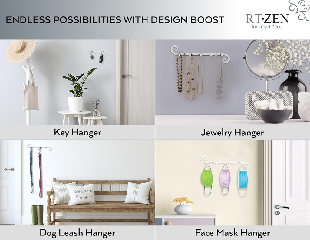 RTZEN Farmhouse Small Key Holder for Wall - Handcrafted Swirl Decorative 5 Key Hooks for Home Entryway - Wrought Iron Wall Mount Rack Purse Coat and Leash Holder or Organizer (Classic White)