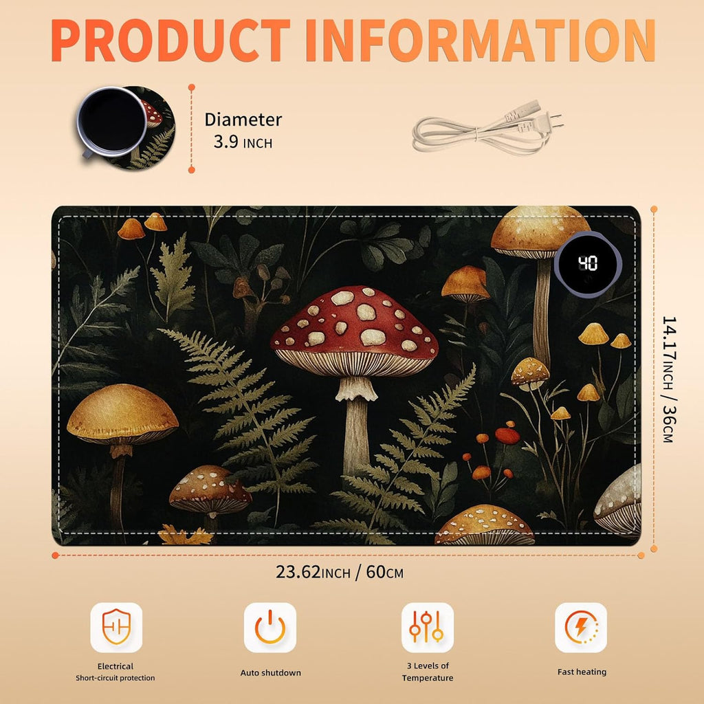 Heated Mouse Pad 23.6 x 14 in 3-Temp Fast Heating Desk Mat with Auto Timer Warmer for Hands Wrist Pain Relief Waterproof Keyboard Mat for Office, Gaming, Home, Mushroom Forest