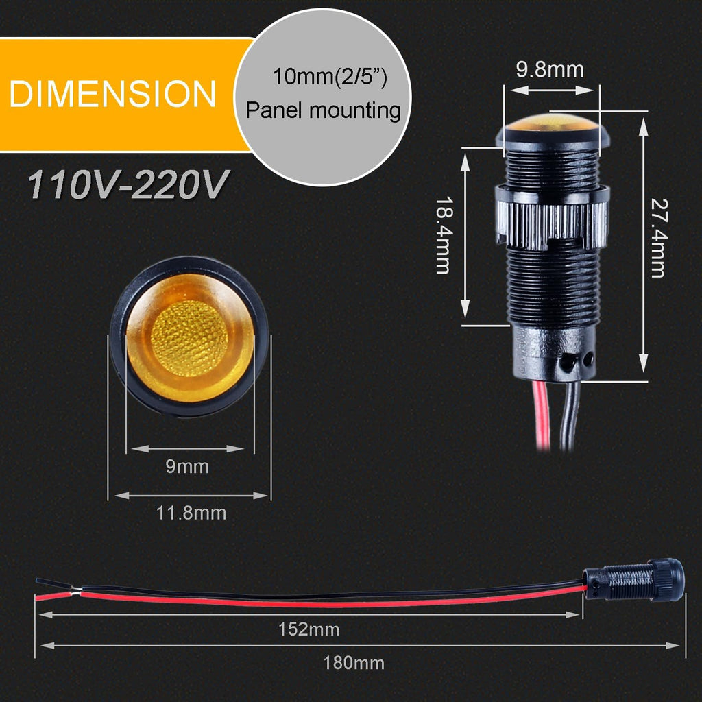 5pcs 10mm LED Indicator Light Plastic Black Signal Dot Lamp 110-220VAC 2/5" Mounting Hole Size with 15cm/5.9in. Wire (Yellow LED)