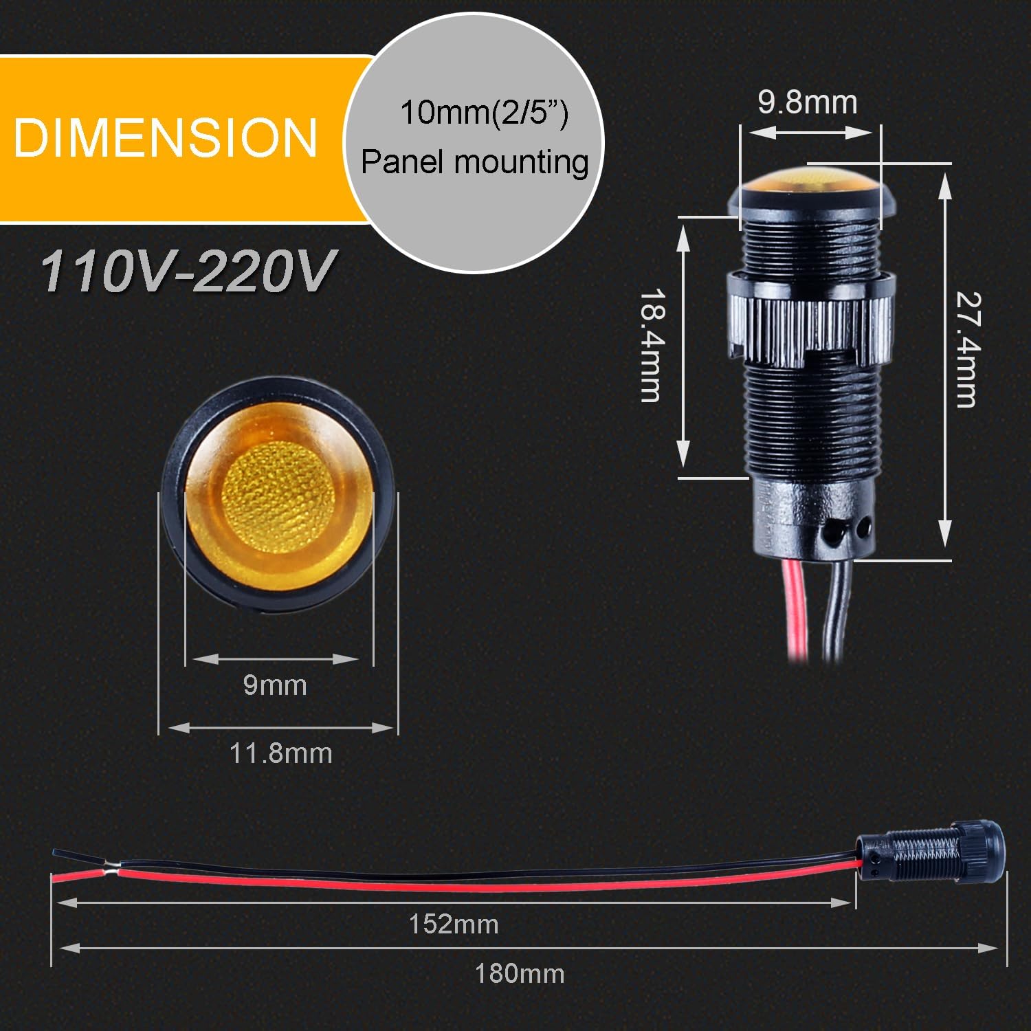 5pcs 10mm LED Indicator Light Plastic Black Signal Dot Lamp 110-220VAC 2/5" Mounting Hole Size with 15cm/5.9in. Wire (Yellow LED)