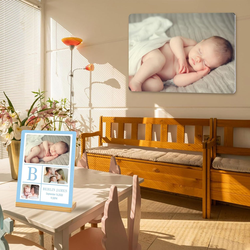 Custom Photo Prints - Metal Desktop Picture Frame with Baby's Photos & Name & Wooden Base Personalized Newborn Memorial Gifts for Family Friends and Lovers, Optional Multiple Sizes