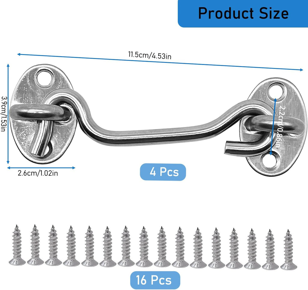 4 Pack 4" Hook and Eye Gate Latch, Stainless Steel Rust-Resistant Barn Door Lock Cabin Hooks for Gate Shutters Window Slide Barn Shed Cabinet Bathroom, with 16pcs Screw,Silver