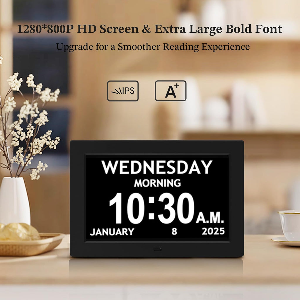 10.1'' Digital Clock, 1280*800p HD Extra Large Display, Digital Clock With Date, Time, Day Of Week, 10 Reminders & 6 Alarms, Auto Dimming & DST, Remote Control, Dementia Clock For Seniors, Black