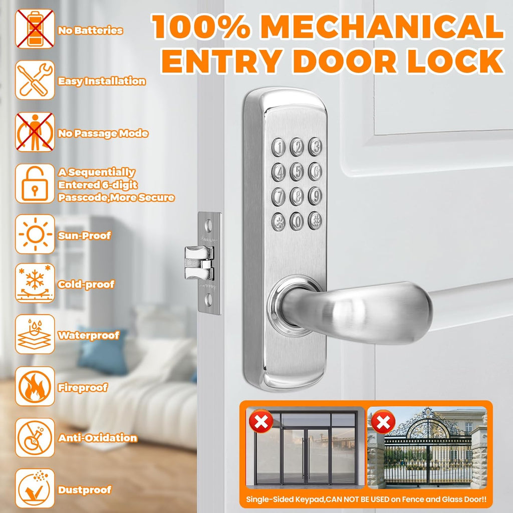 Stainless Steel Mechanical Keypad Entry Door Handle Lock,Commercial Keyless Push Button Code Door Lever,Single-Sided Combination &Interior Non-Locking,Exterior Auto-Lock,for Outdoor,Silver