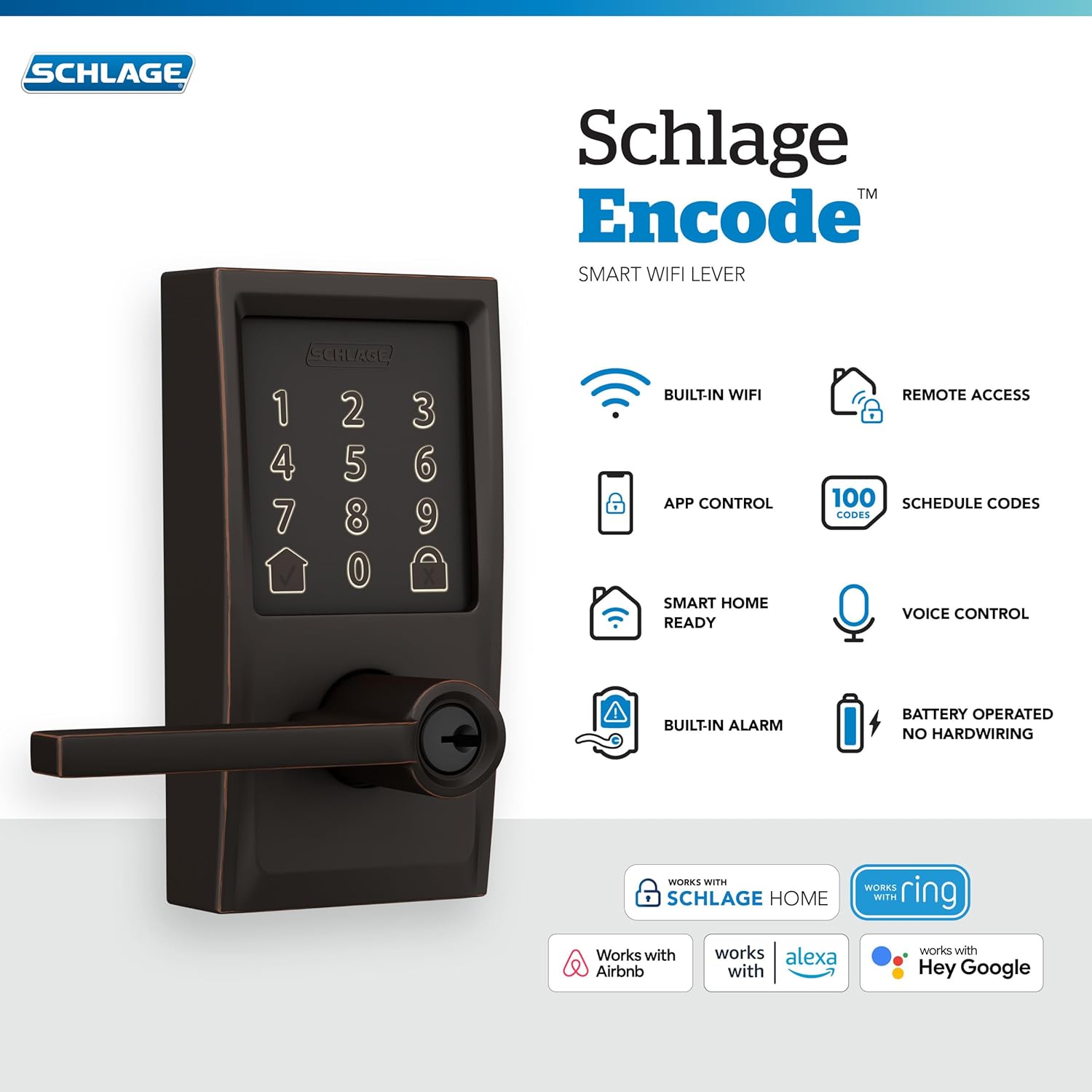 Schlage FE789WBCEN716LAT Encode Century WiFi Latitude Lever Smart Keyless Entry Touchscreen Door Lock, Aged Bronze