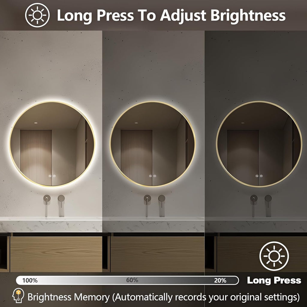 Niccy Round Led Mirror for Bathroom, 24" Backlit Mirrors for Wall Circle Lighted Mirror with Old Gold Frame Anti-Fog, 3 Colors, HD Glass and IP65 Waterproof