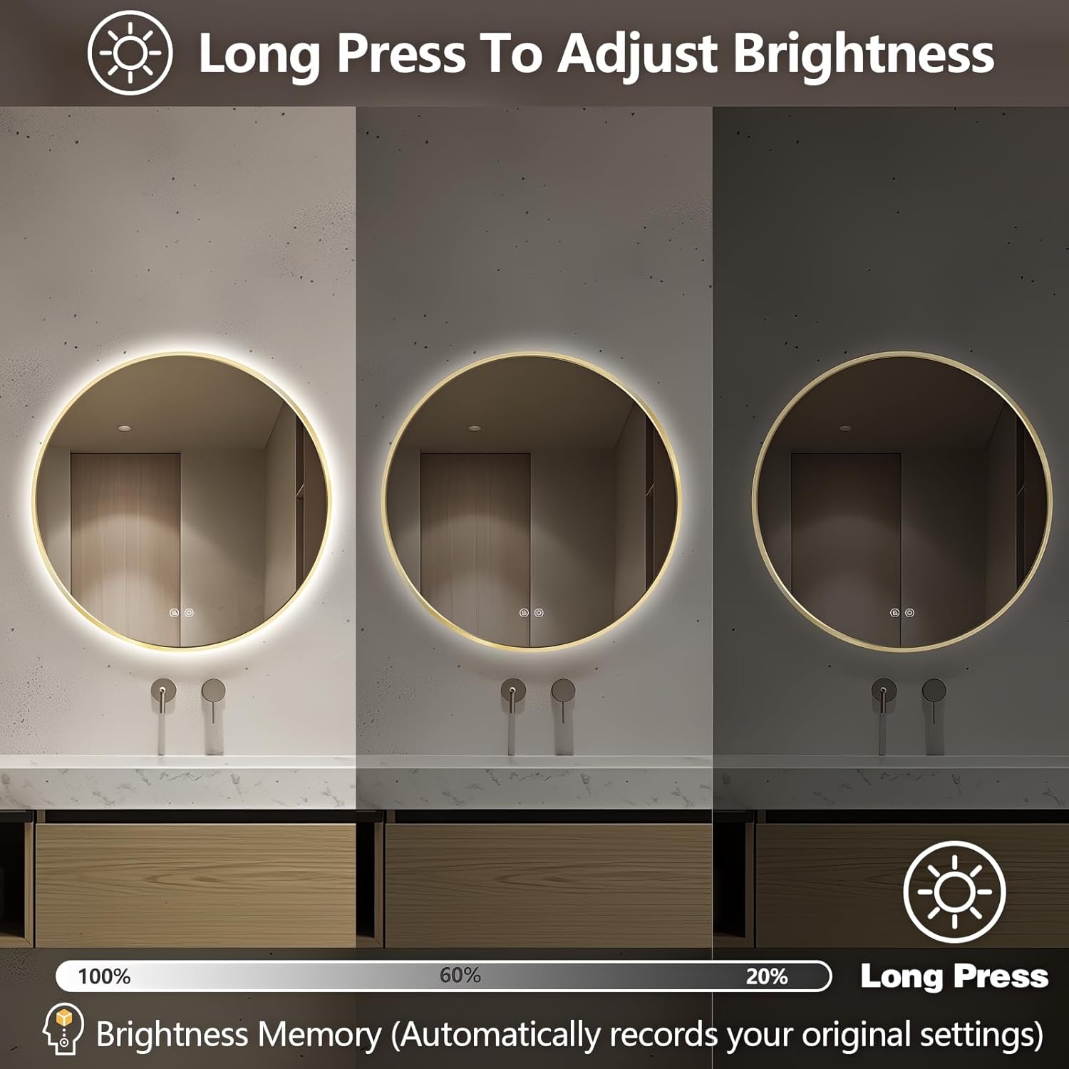 Niccy Round Led Mirror for Bathroom, 24" Backlit Mirrors for Wall Circle Lighted Mirror with Old Gold Frame Anti-Fog, 3 Colors, HD Glass and IP65 Waterproof