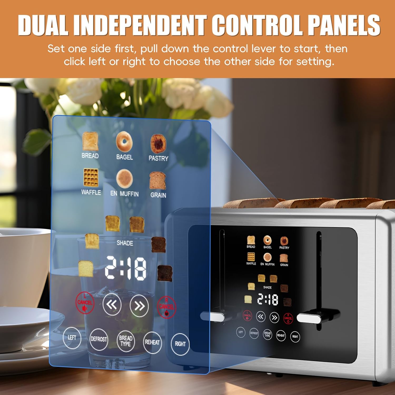 4 Slice Toaster, Touchscreen & Dual Independent Control Panel，5 Basic Functions & Digital Countdown Toasters, 6 Shade Settings＆6 Bread Types, Smart Bread Maker Mute/Screen-Off,Brushed steel
