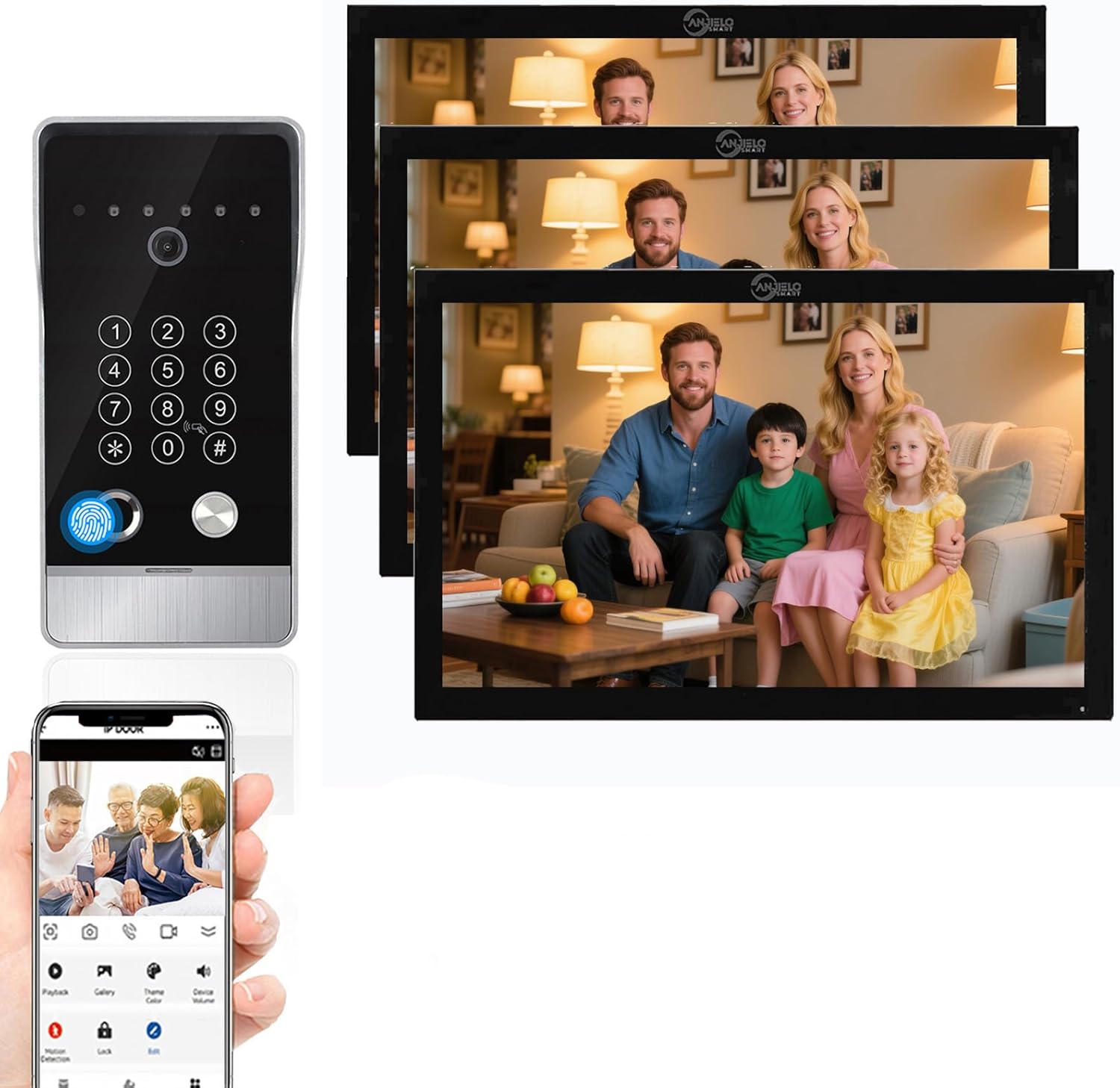 Wired Video Door Phone Apartment Intercom System,10 Inch Touch Monitor with 1080P doorbell,Support Fingerprints, RFID Cards,Passwords,Unlock Motion Detection for Home (1 Doorbell + 3 Monitor)