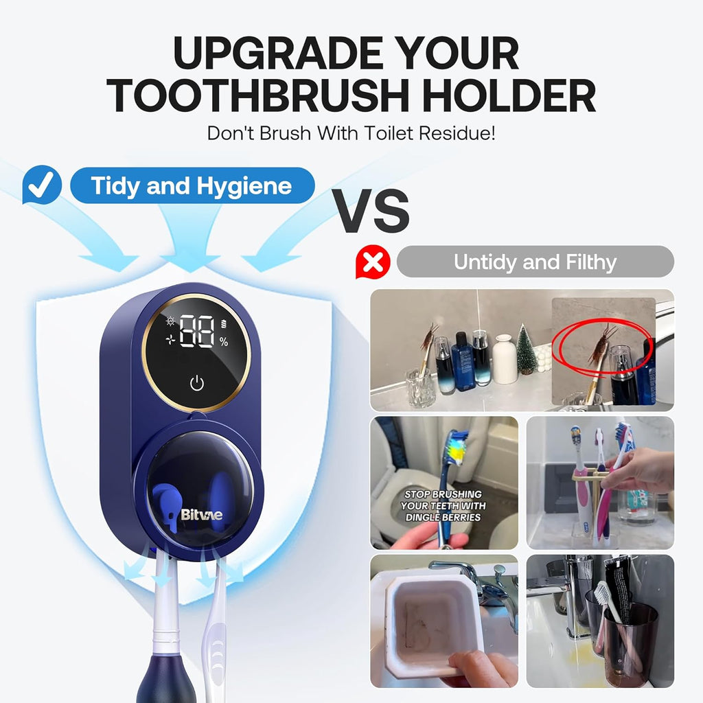 Bitvae Upgraded Tooth Brush Holder for Bathroom 2.0, Infrared Sensing Toothbrush Cleaner, Wall-Mounted for Most Size Toothbrushes, Air Drying, LED Smart Screen, Navy Blue