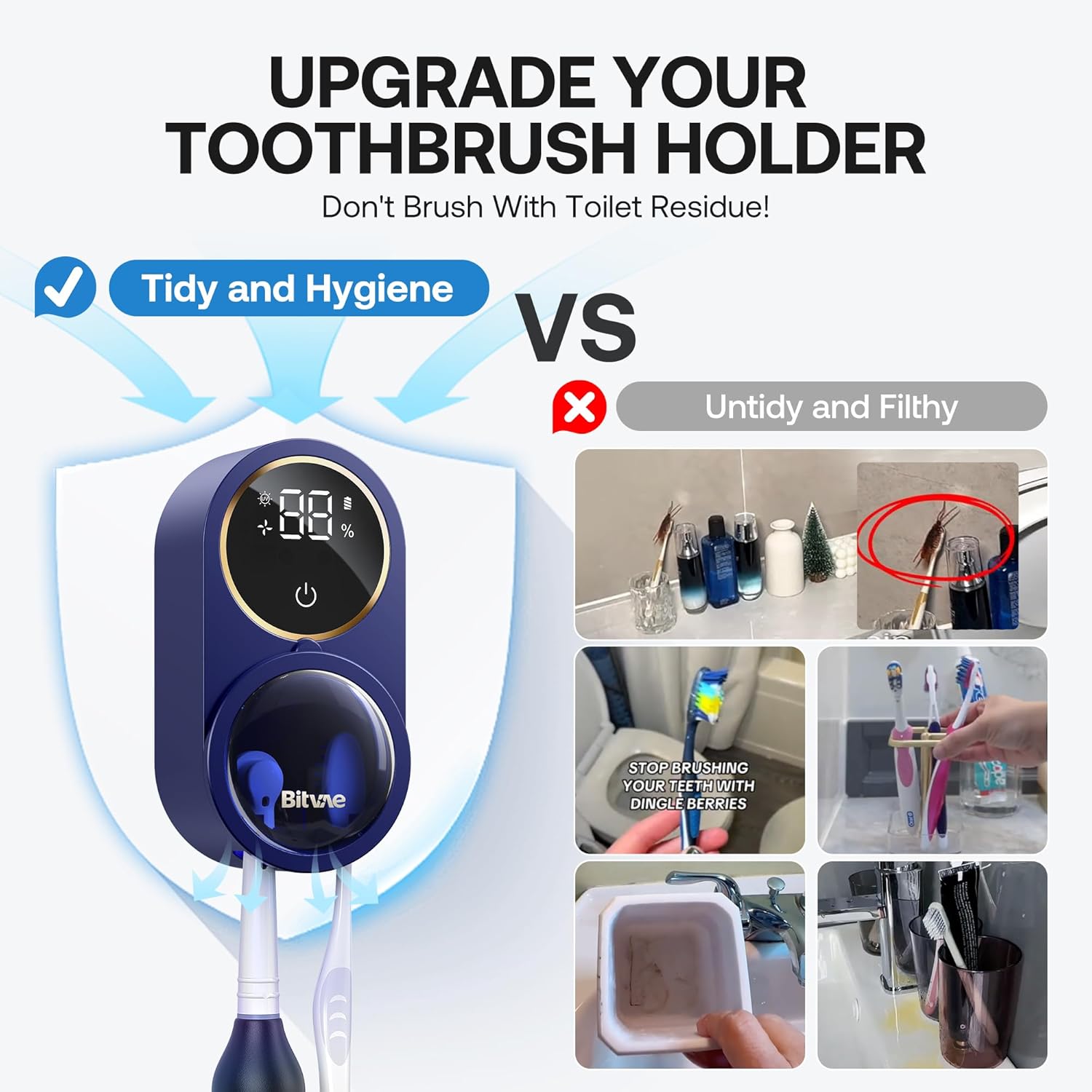 Bitvae Upgraded Tooth Brush Holder for Bathroom 2.0, Infrared Sensing Toothbrush Cleaner, Wall-Mounted for Most Size Toothbrushes, Air Drying, LED Smart Screen, Navy Blue
