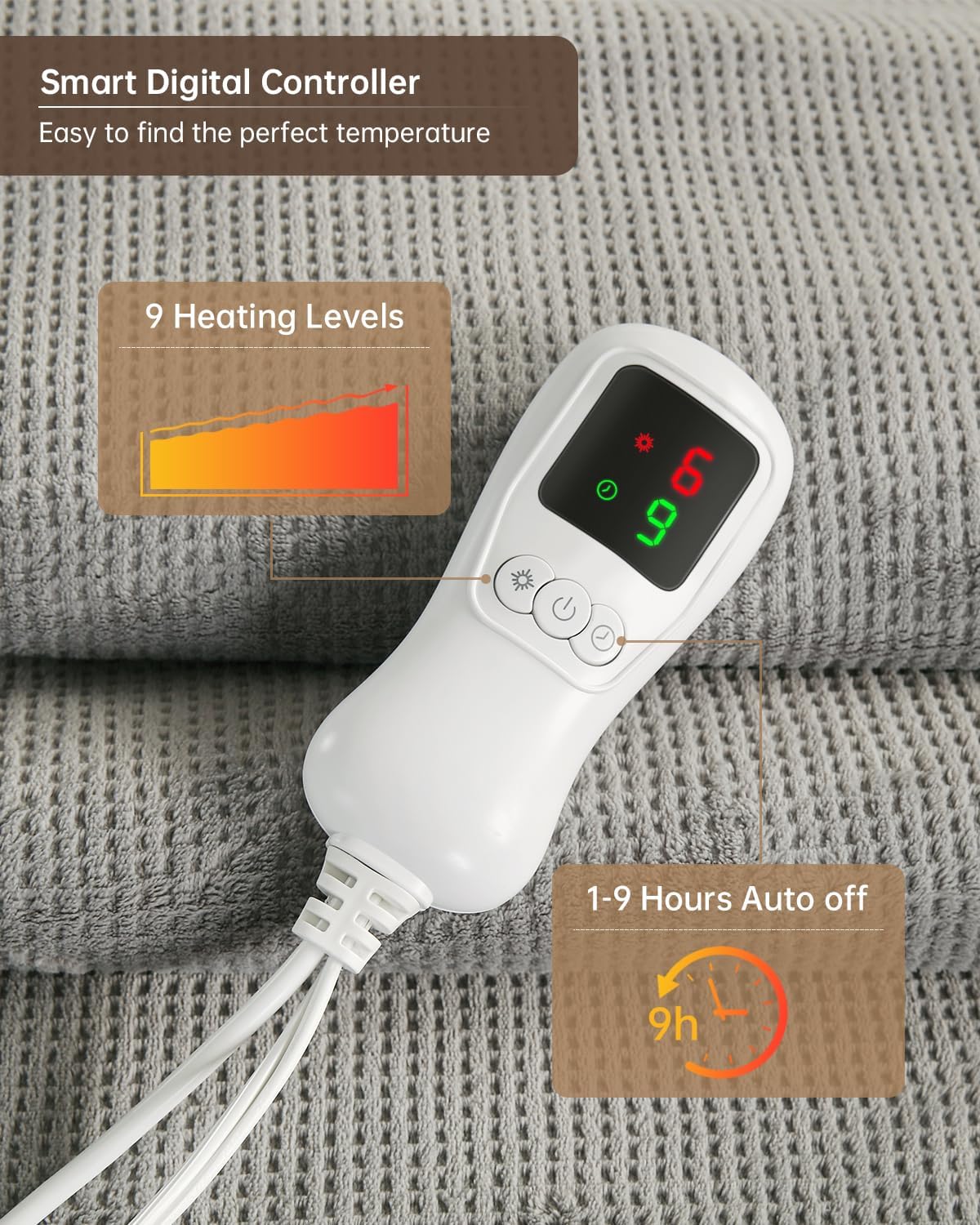 Heated Blanket Full Size Electric Blanket, Washable Blanket Warmer for Home for Adults, Fast Heating Super Cozy Soft Fabric, 72" x 84", 9 Heat Levels, 1-9H Auto-Off, ETL Certified, Gray