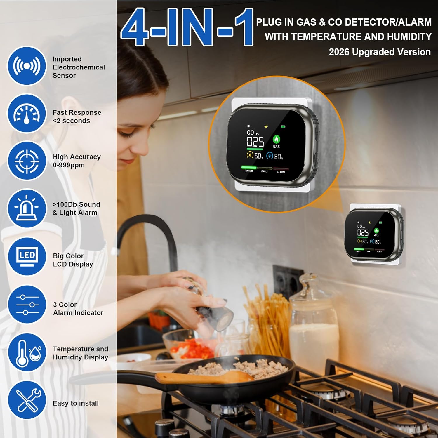 New 4 in 1 Carbon Monoxide Detectors Plug in with Battery Backup, Portable Natural Gas Leak Detector & Carbon Monoxide Alarm, Combustible Gas Detector, Dual Sensor CO Gas Detector for Home,RV,Travel