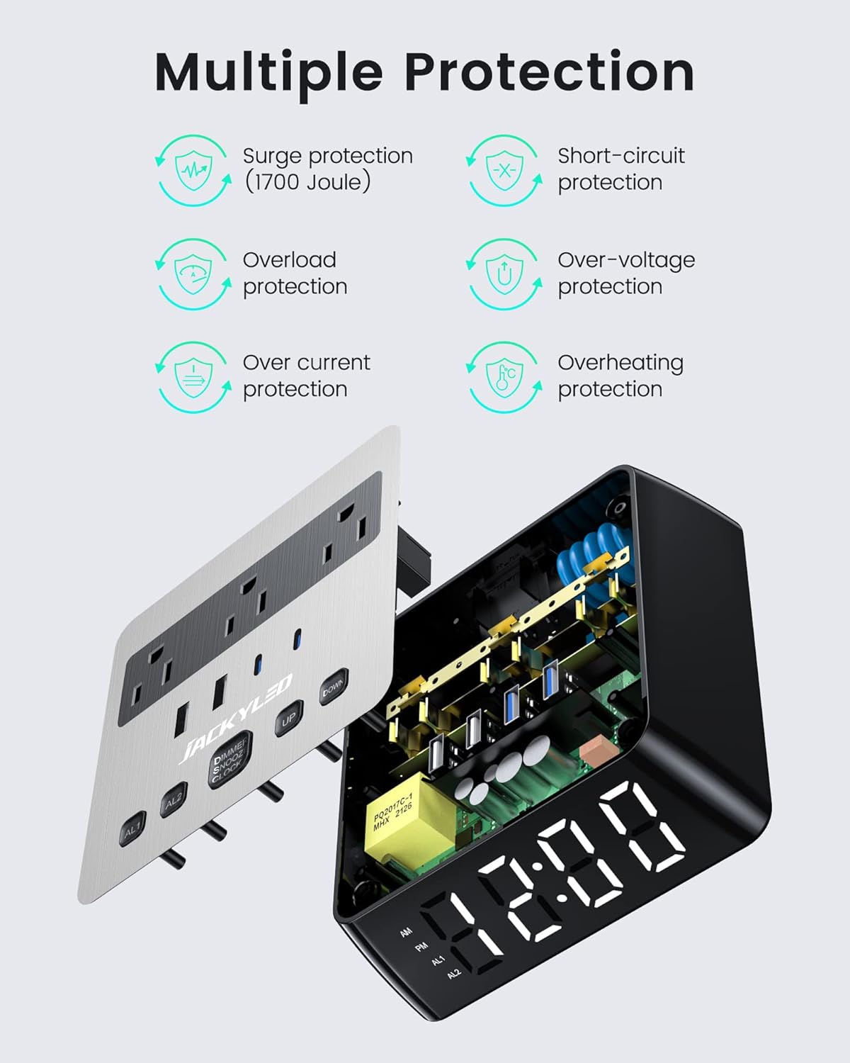 Alarm Clock with USB Charger JACKYLED Power Strip Total 4.8A USB Ports LED Full Screen Surge Protector 6.5ft Cord 4 Dimmer for Heavy Sleepers Compatible with Phone Tablet Computer Black Silver