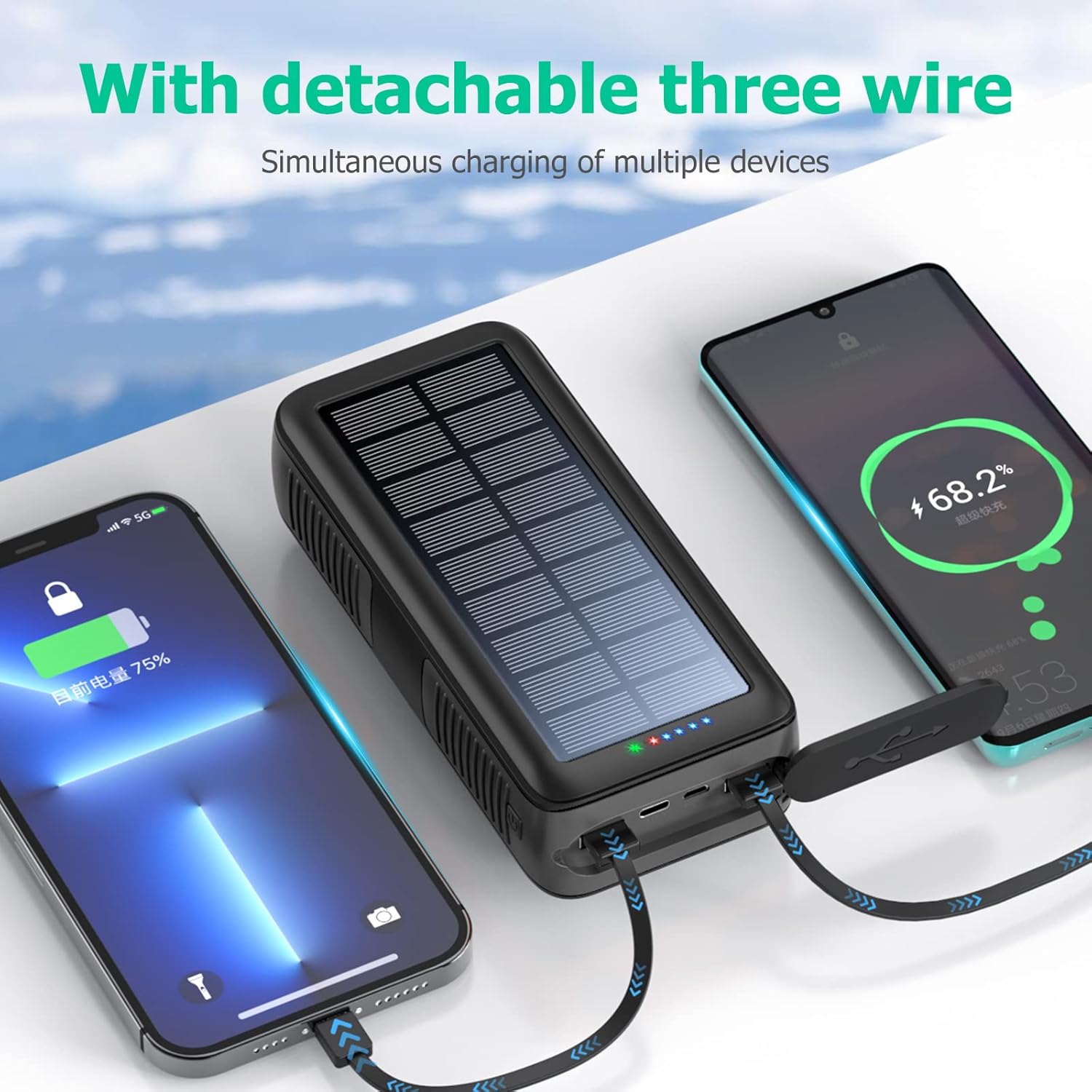 Solar Charger Power Bank 63200mAh, Portable Charger with Dual Outputs & Dual Inputs 4 LEDs Flashlight, Hand Crank Power Bank Fast Charging Battery Pack for Outdoor Camping Survival Gear (gray)
