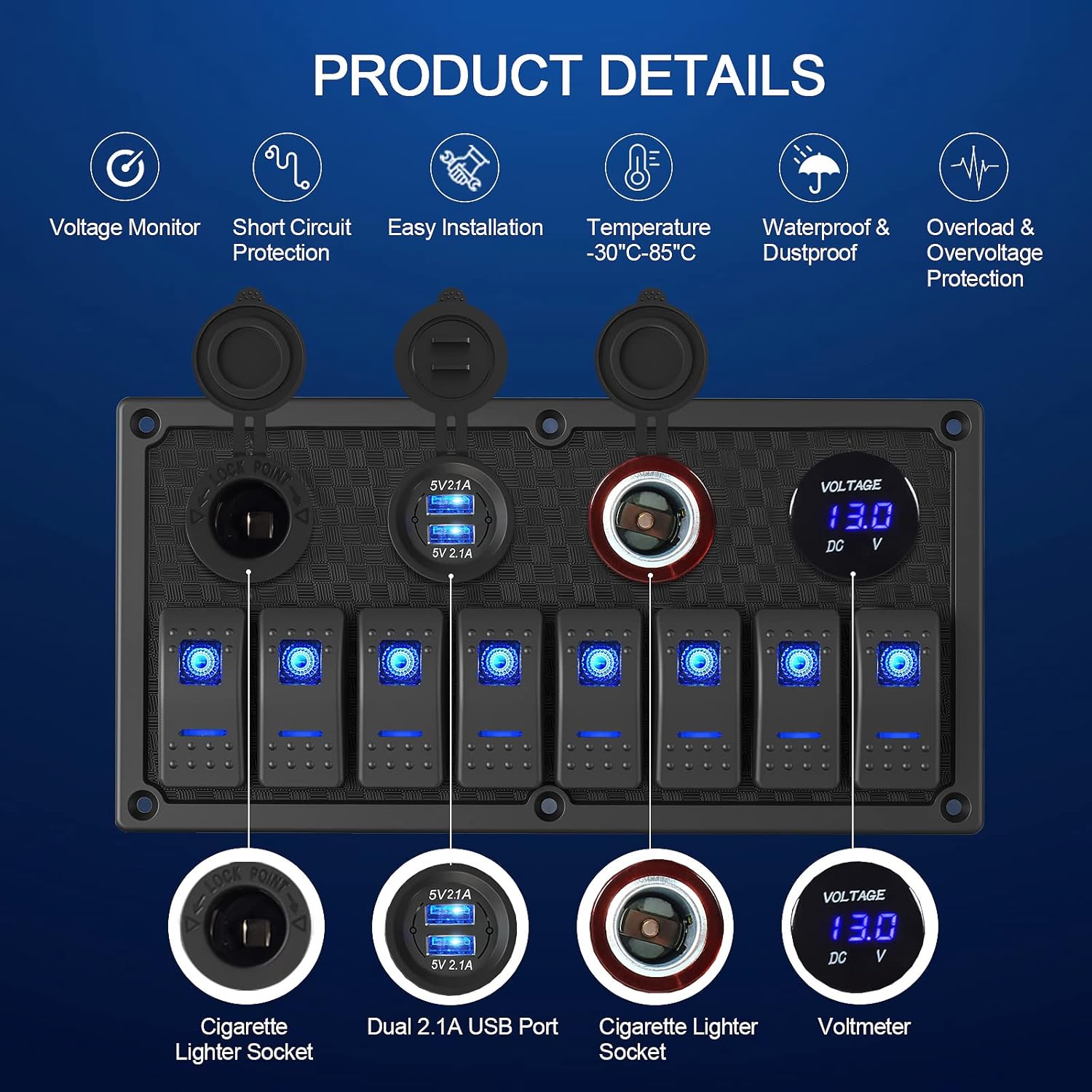 Marine Boat Rocker Switch Panel,Waterproof 8 Gang Toggle Switch Panel with Dual USB and Voltmeter Panel for RVs, Cars, Boats, Trucks,Trailers - 12-24V