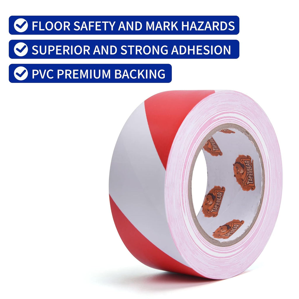 TAPEBEAR Hazard Caution Tape, 2inch x 150 Feet(50yds) Self Adhesive Warning Tape for Steps, High Visibility White&Red Tape for Halloween Outdoor Construction Warning, Crime Scene Barrier, Danger Zone