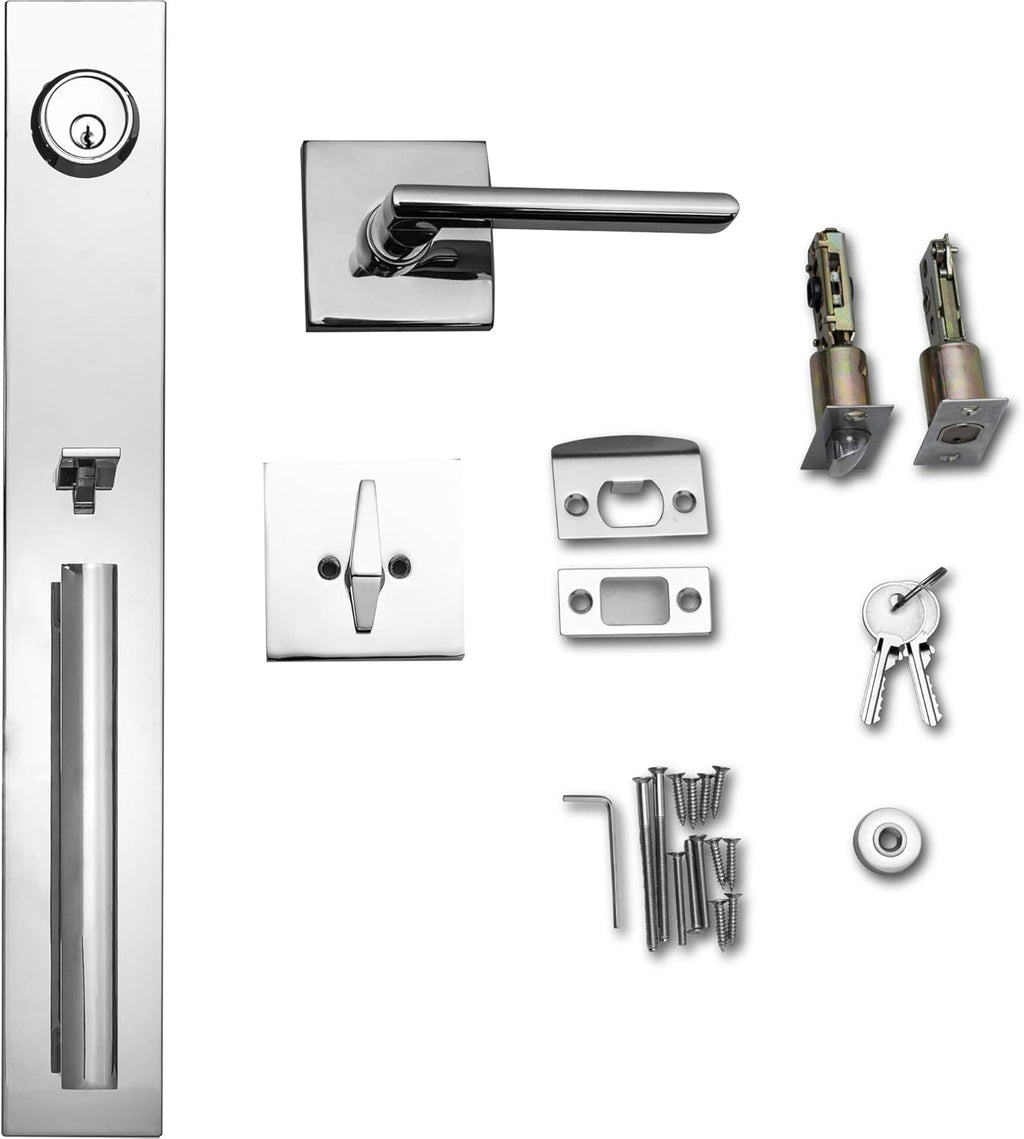 Berlin Modisch Full Escutcheon HandleSet Front Door Entry Handle and Deadbolt Lock Set Slim Square Single Cylinder Deadbolt and Lever Heavy Duty – Polished Chrome Finish