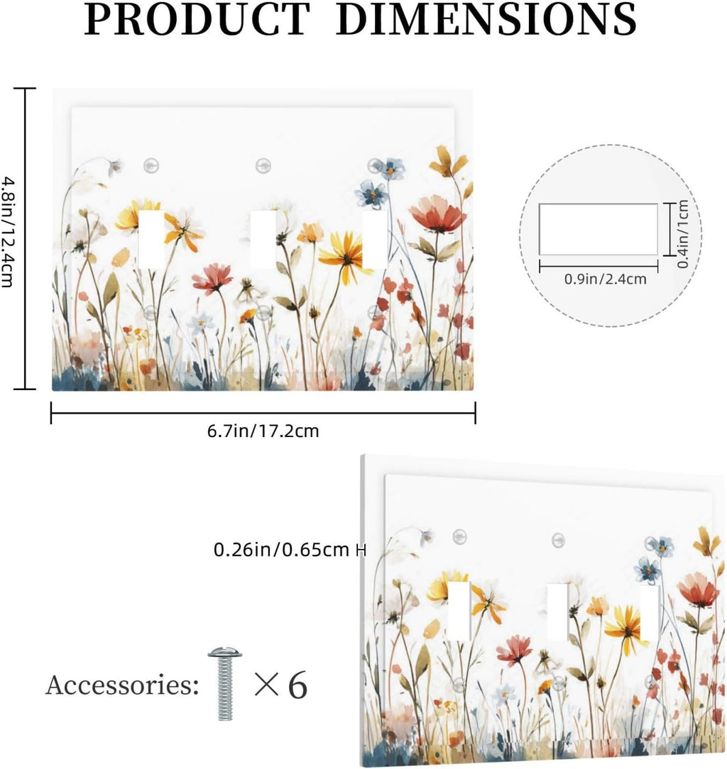 Watercolor Wildflower Colorful Floral Plant Decorative Switch Plates 3 Gang Wall Plate Triple Toggle Light Switch Cover Faceplate Electrical Wall Panels for Bed Room Living Room Decor