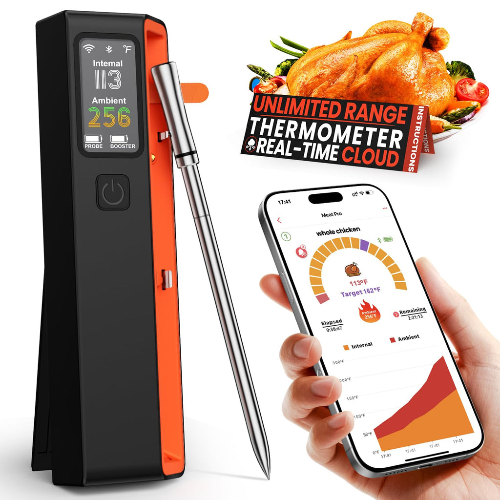 Wireless Bluetooth Smart Meat Thermometer: ±0.5°F Accuracy, 1 Probe with 6 Sensors - WiFi Digital Thermometer with LED Base, NIST Certified Accuracy, Long-Range for BBQ, Grill, Smoker, Oven