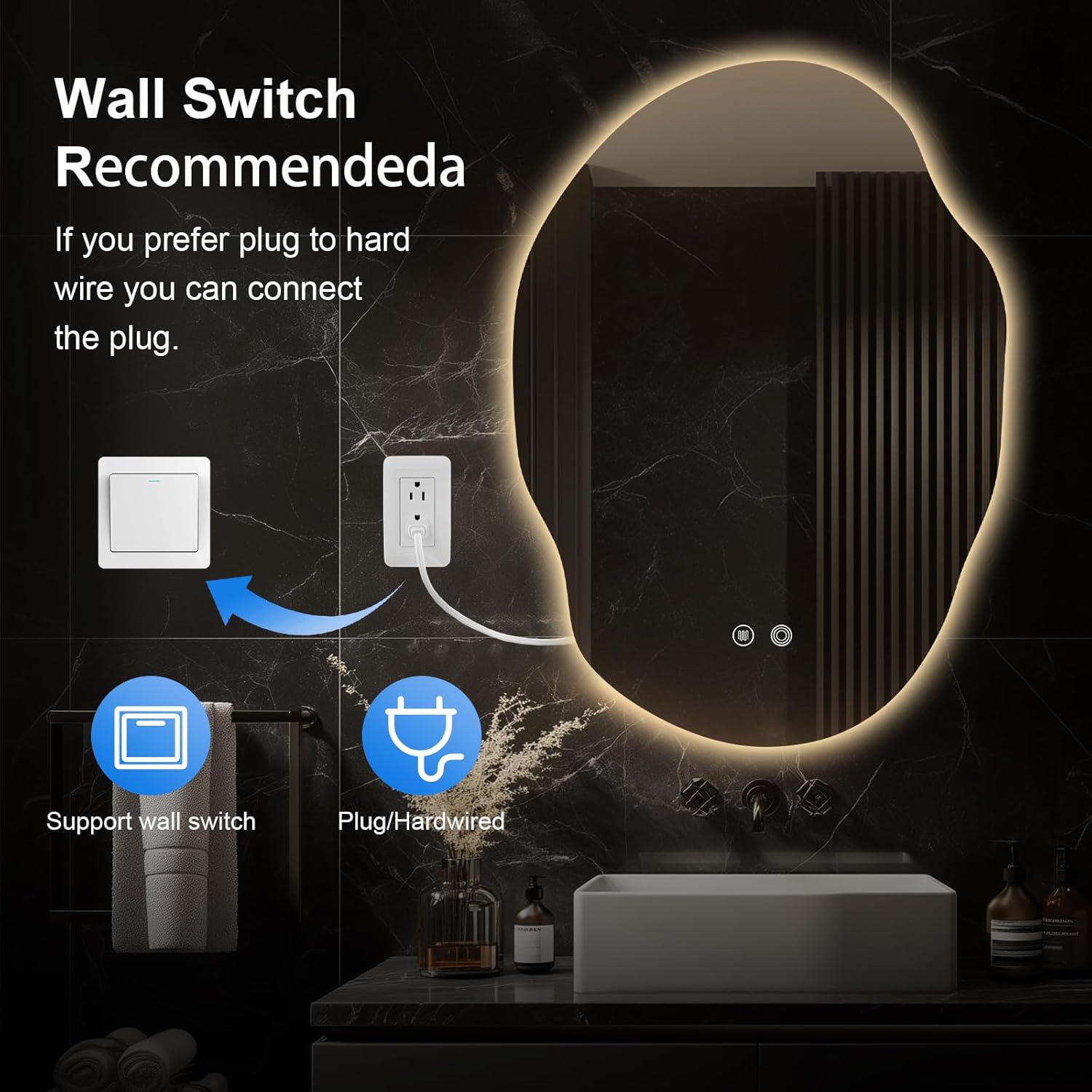 LED Bathroom Mirror with Lights,25x35 in Asymmetrical Led Bathroom Mirror for Wall, Backlit Mirror with Anti-Fog,3 Colors and Dimmable Light,[Horizontal/Vertical]