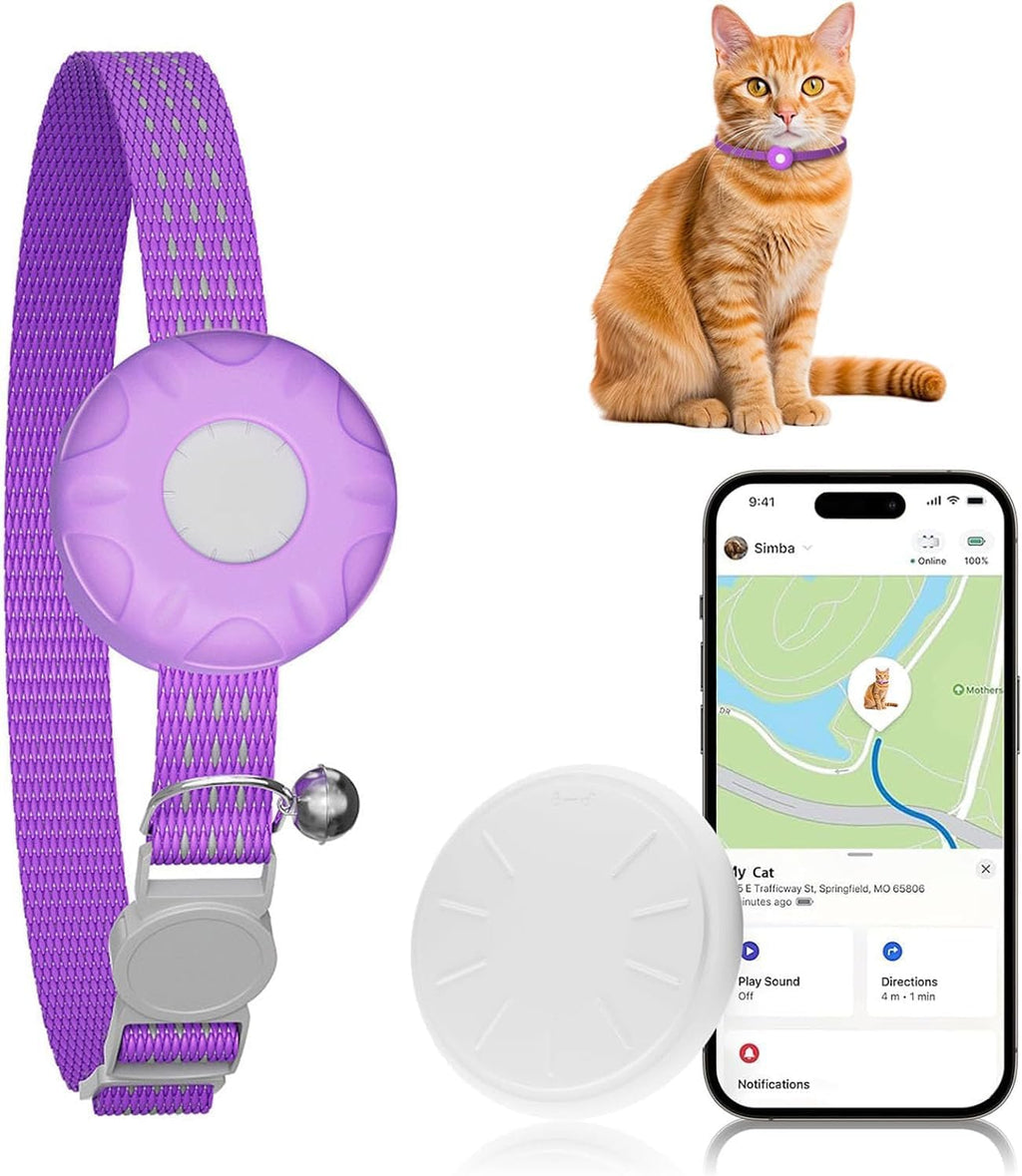 Cat Tracker, Waterproof Pet Tracker for Cats, Cat GPS Tracker Compatible with Apple Find My App (Only iOS), No Monthly Fee, Purple