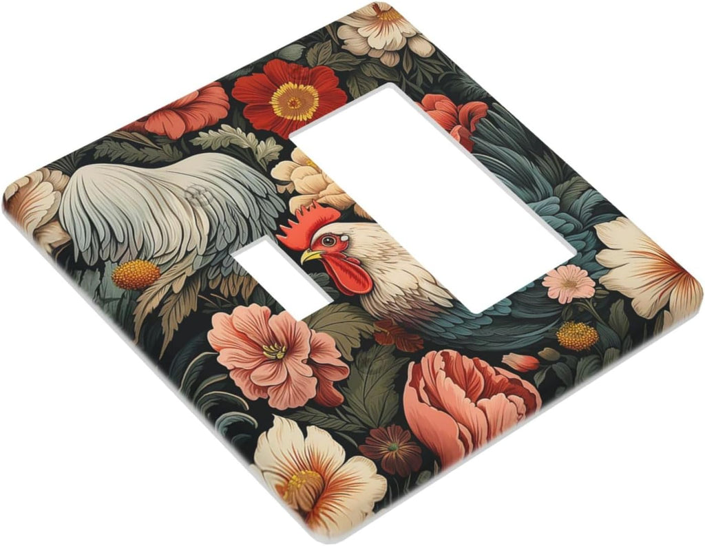 Outlet Covers Rooster Flowers Red White Chicken Floral 1 Toggle 1 Rocker Combination Decorative Wall Plate Electrical Switch Plates Light Switch Cover Plate for living Room Farmhouse Decor