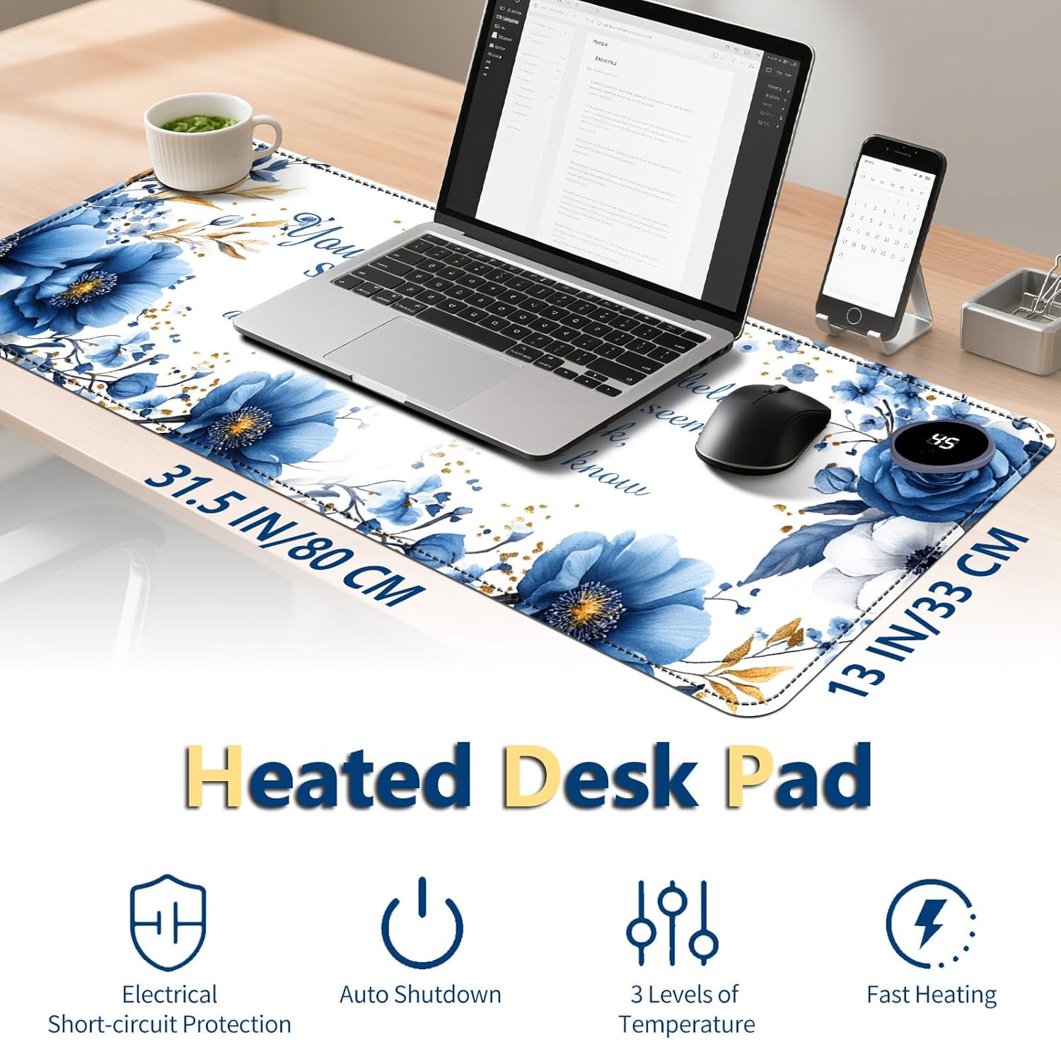Heated Mouse Pad with 3 Temperature Settings(104°F–122°F),Large 31.5x13 Inch PU Leather Heated Desk Mat,Waterproof Warming Pad for Office,Gaming & Cold Hands Relief,Bule Flower Quotes