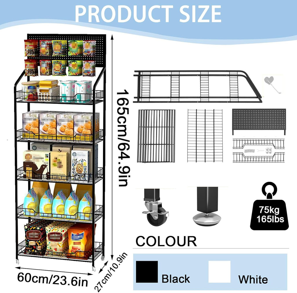 5-Tier Retail Display Rack, Metal Snack Display Stand with Wheels and Hooks, Multi-Functional Shelf, Easy to Assemble, Suitable Storage Rack for Home, Supermarket, Drugstore (5-Tier, White)