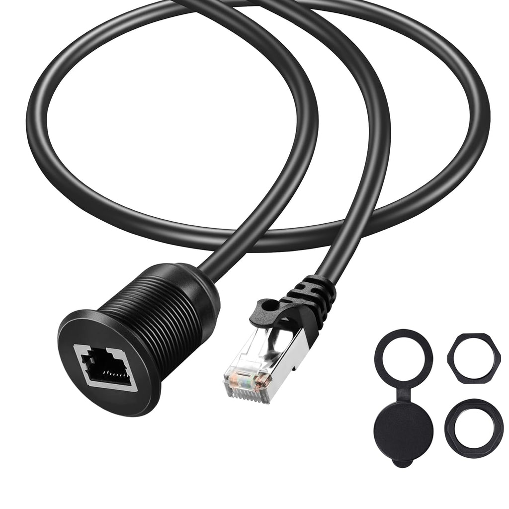 Cat6 RJ45 Panel Mount Extender Cable Male to Female CAT6 Ethernet LAN Cable Threaded Fixed for Car Motorcycle Truck Boat Dashboard Panel Flush Mount Waterproof Dustproof (0.5M/1.6Ft)