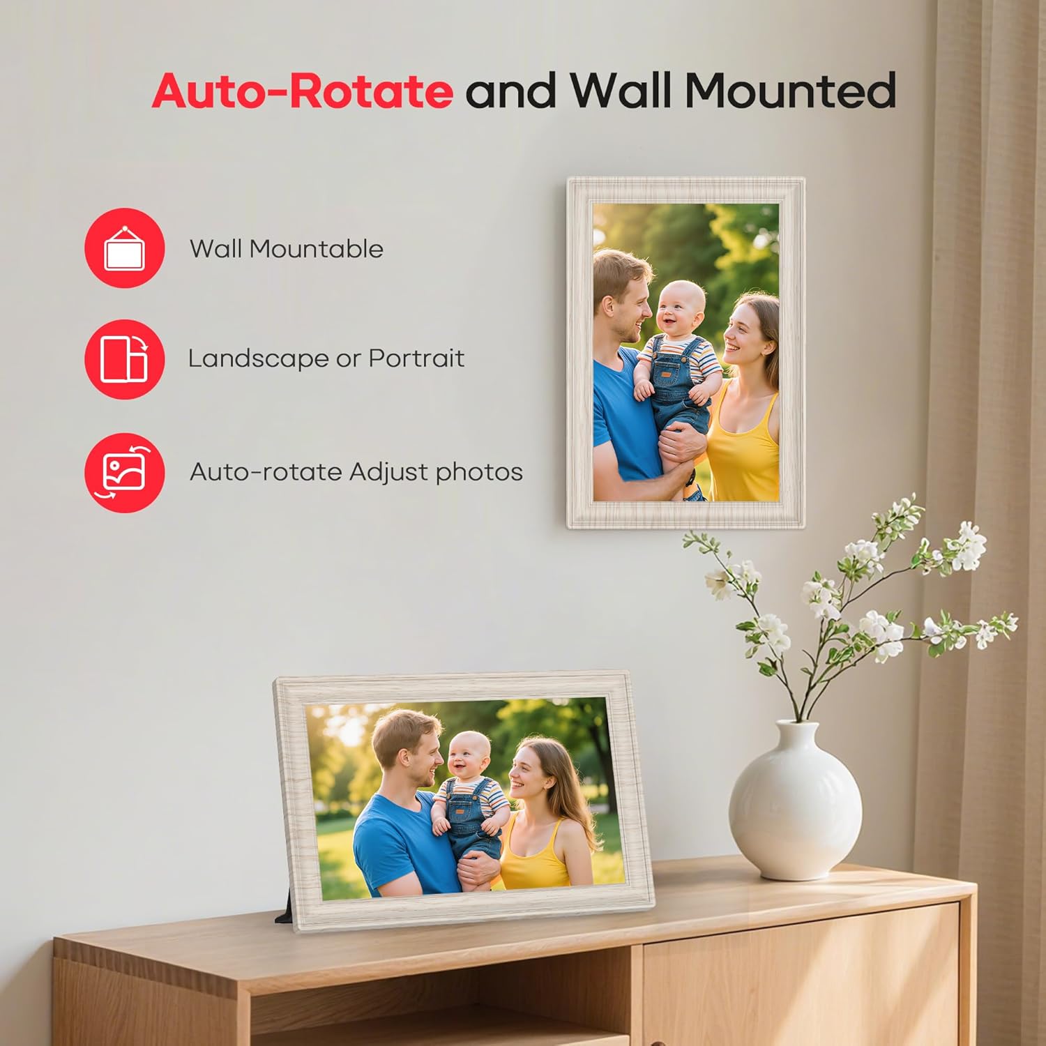 Frameo 10.1" WiFi Digital Picture Frame with 32GB Memory, 1280 x 800 IPS HD Touch Screen Electronic Photo Frame, Auto-Rotate, Slideshow, Share Photos/Video Remotely Anywhere White Wood Grain