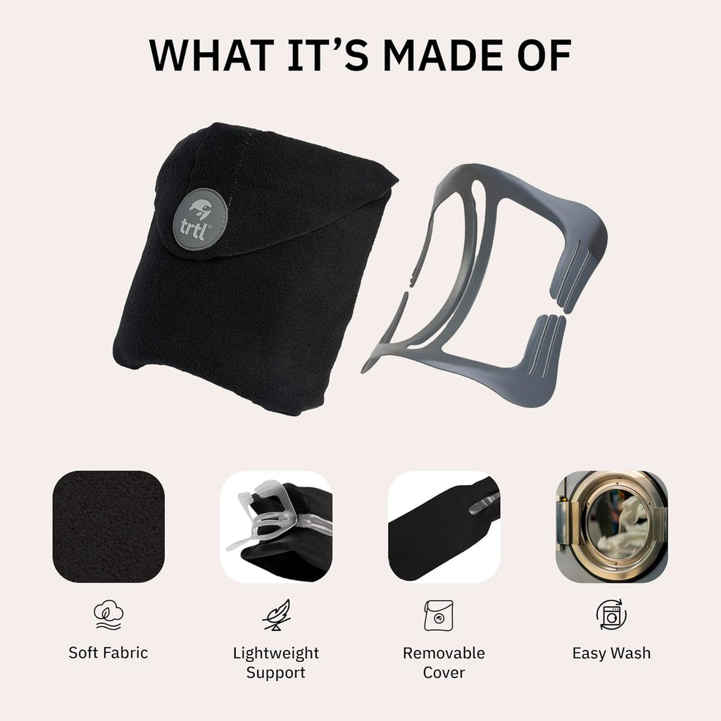 trtl Pillow - Scientifically Proven, Super Soft Neck Support Travel Pillow for Sleeping - Lightweight and Machine Washable - Ergonomic Design for Traveling on Airplanes, Cars, and Trains - Black