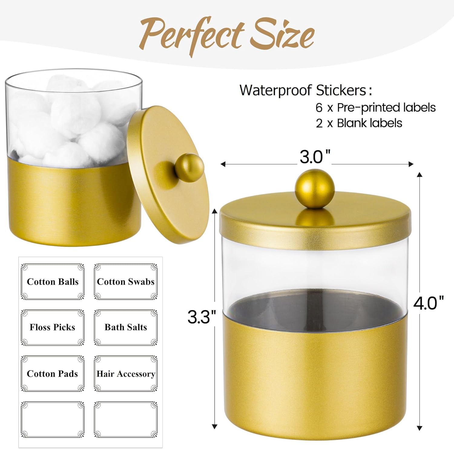 Gaussra Gold Qtip Holder, Apothecary Jars - Stainless Steel Bathroom Jar with Stickers - Farmhouse Decor Qtip Dispenser for Qtips, Cotton Balls, Swabs, Makeup Sponges (2-Pack)