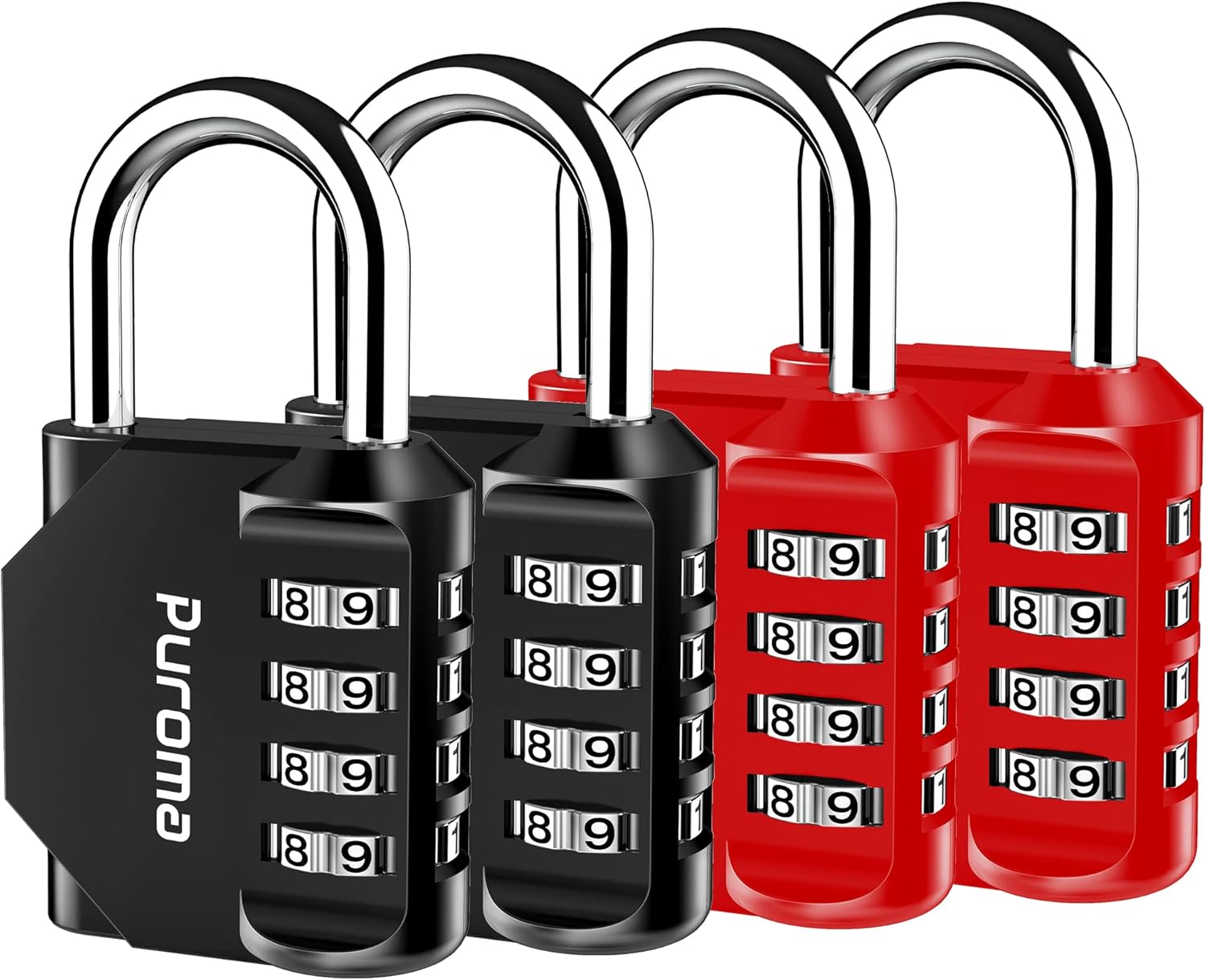 Puroma 4 Pack Combination Lock for Locker 4 Digit Outdoor Waterproof Padlock for School, Gym, Sports, Fence, Toolbox, Gate, Case, Outdoor, Hasp Storage, Cabinets (Red & Black)